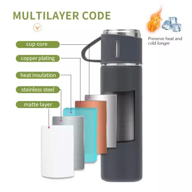 Steel Vacuum Flask Set with 3 Steel Cups Combo